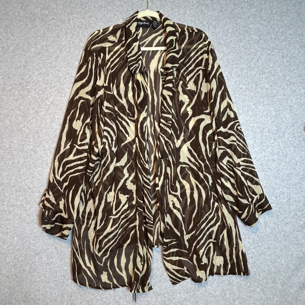 Maggie Barnes Zebra Print Blouse Women 4X Brown Sheer Longline Mob Wife Top